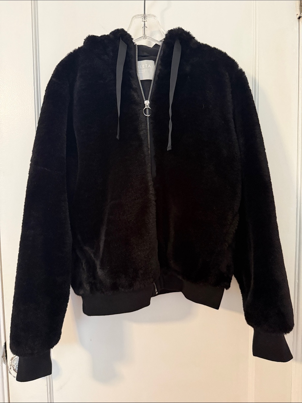 Athleta Black Faux Fur Zip Hoodie - Soft Plush Bomber, Small
